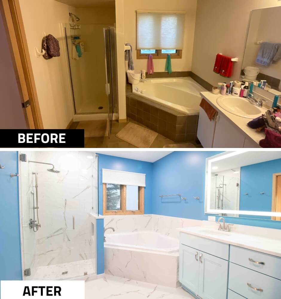 before and after master bathroom remodel with walk in shower soaking tub and modern vanity by Odd Fellows Contracting in Okemos MI
