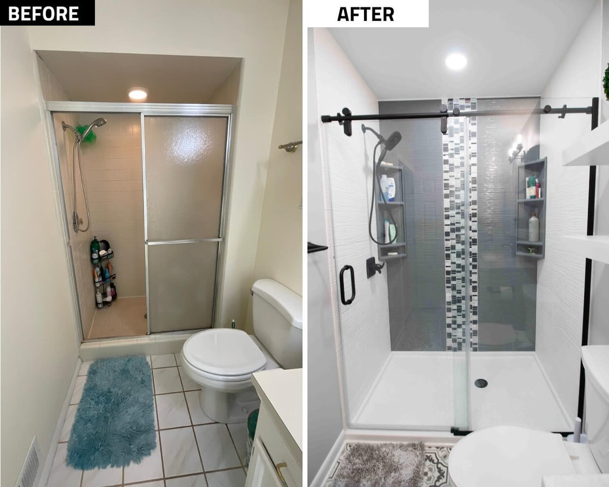 before and after bathroom remodel with modern glass shower and vanity cabinets by Odd Fellows Contracting in Okemos MI