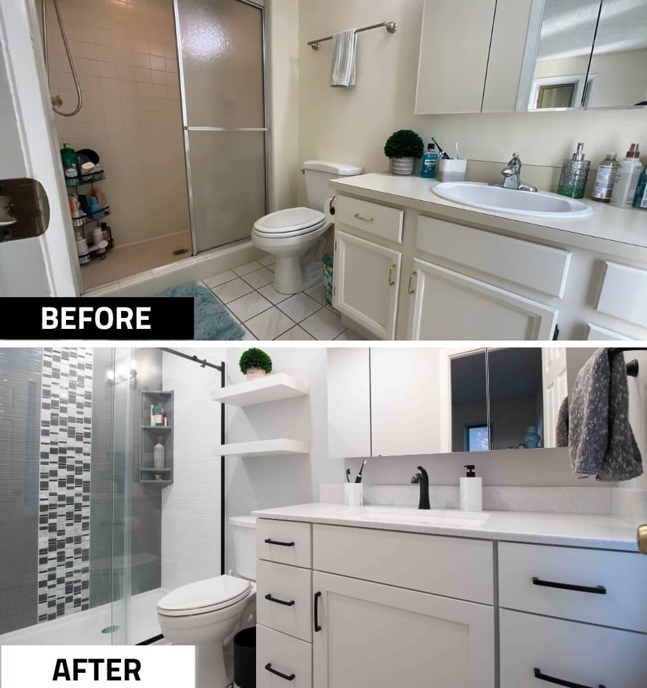 before and after bathroom remodel with updated vanity cabinet and modern walk in shower by Odd Fellows Contracting in Okemos MI