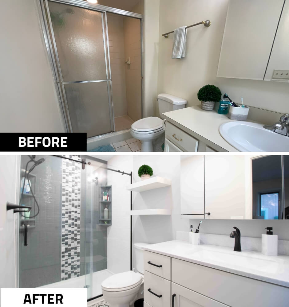 before and after bathroom remodel with upgraded walk in glass shower and modern vanity by Odd Fellows Contracting in Okemos MI