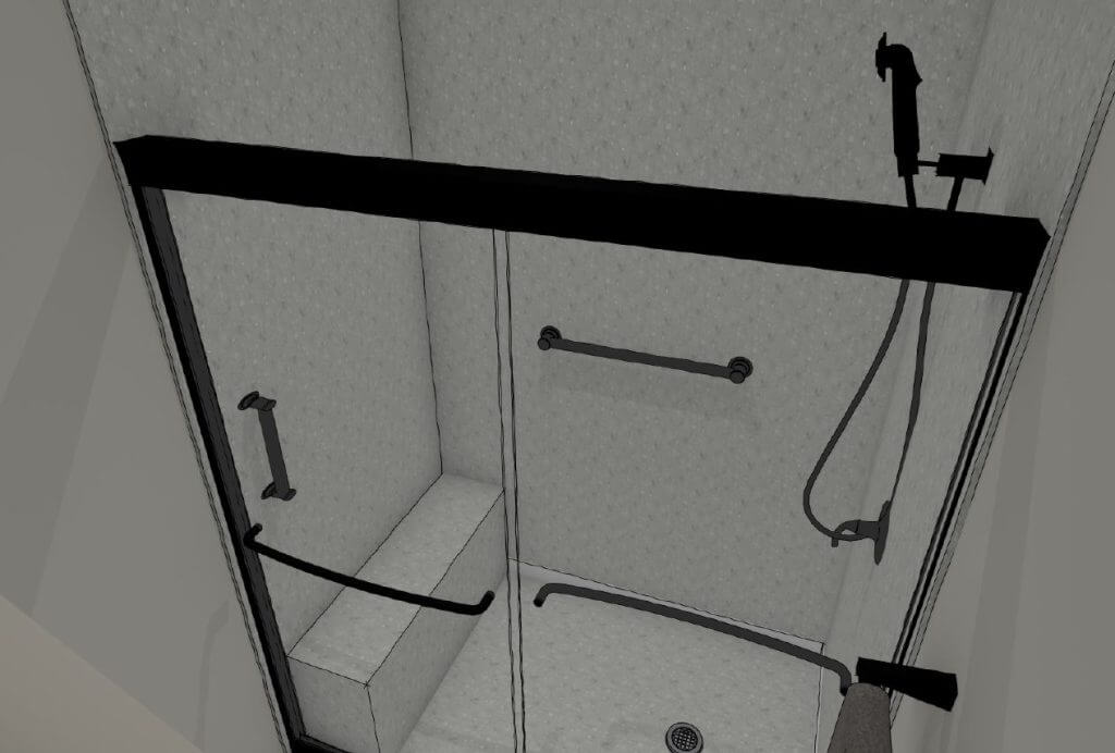 3D bathroom renovation rendering showing modern shower layout by Odd Fellows Contracting in East Lansing MI