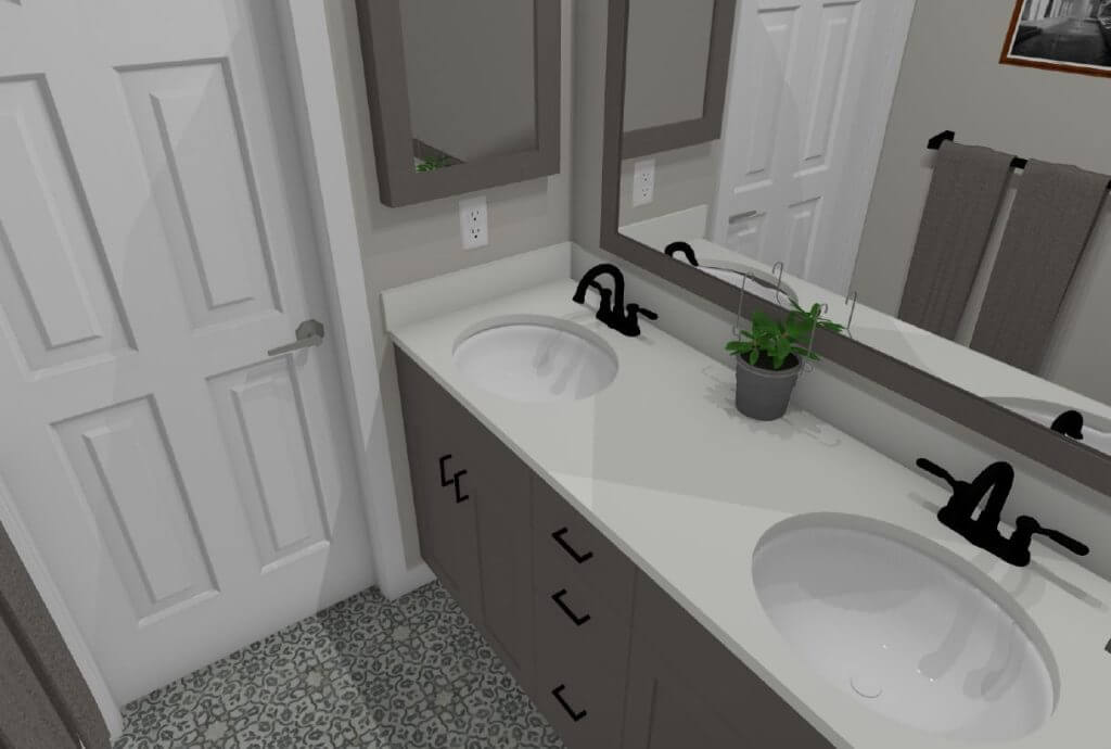 3D bathroom renovation rendering showing vanity cabinet layout by Odd Fellows Contracting in East Lansing MI