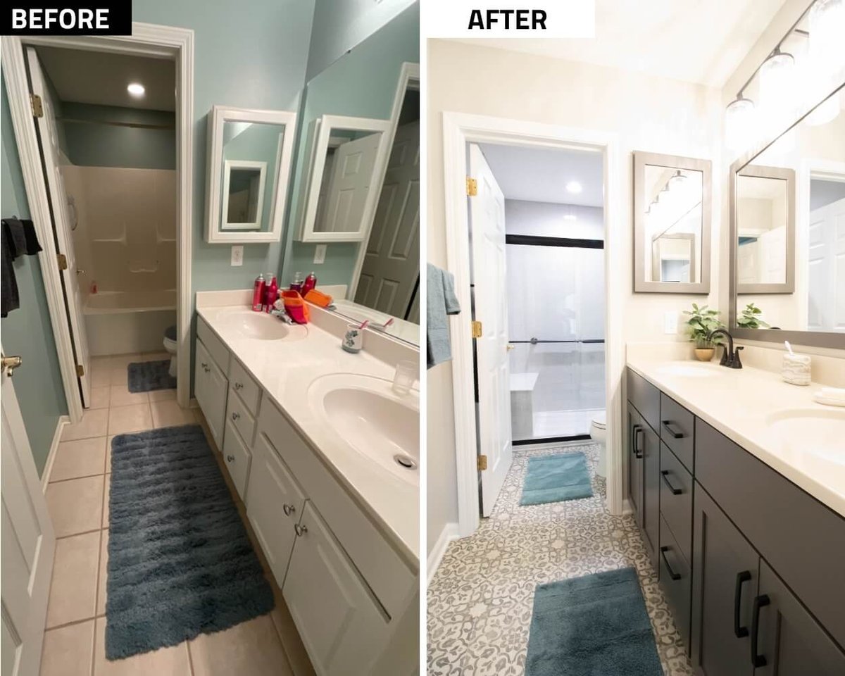 before and after bathroom remodel with new double vanity cabinets and patterned tile flooring by Odd Fellows Contracting in East Lansing MI