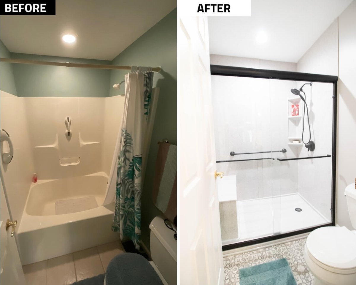 before and after bathroom remodel with upgraded walk in shower and glass enclosure by Odd Fellows Contracting in East Lansing MI