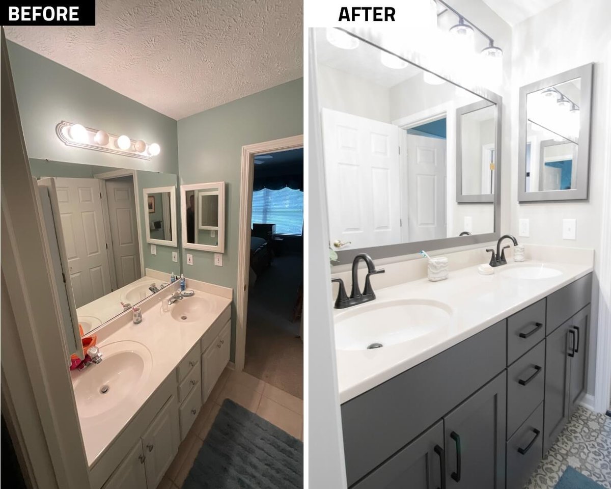 before and after bathroom vanity remodel with modern gray cabinets and quartz countertop by Odd Fellows Contracting in East Lansing MI
