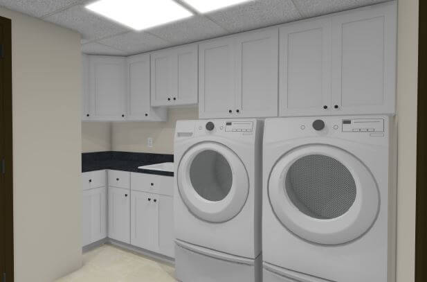 3D laundry room renovation rendering showing cabinet storage and appliance layout by Odd Fellows Contracting in DeWitt MI