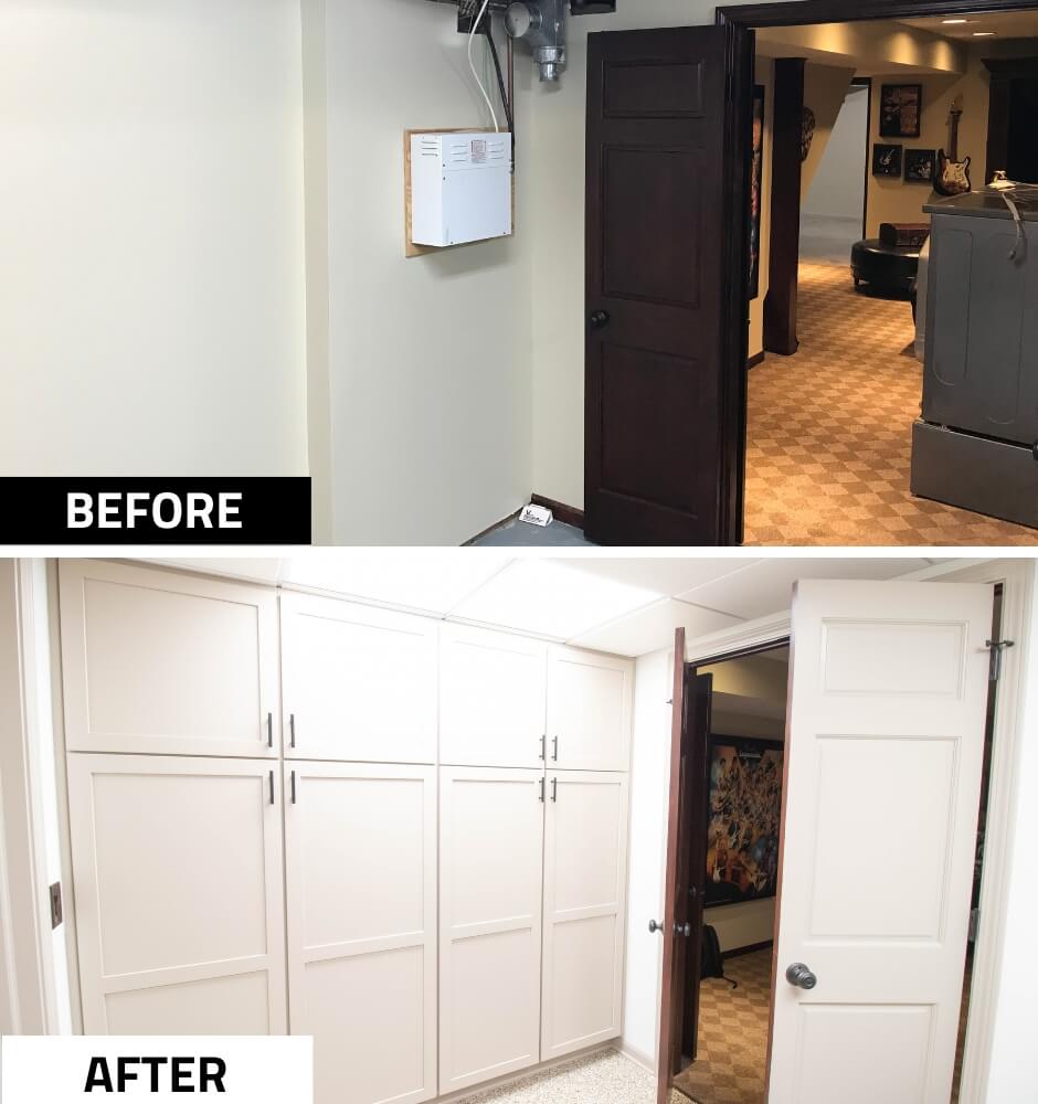 before and after basement storage remodel with custom built in cabinets by Odd Fellows Contracting in DeWitt MI
