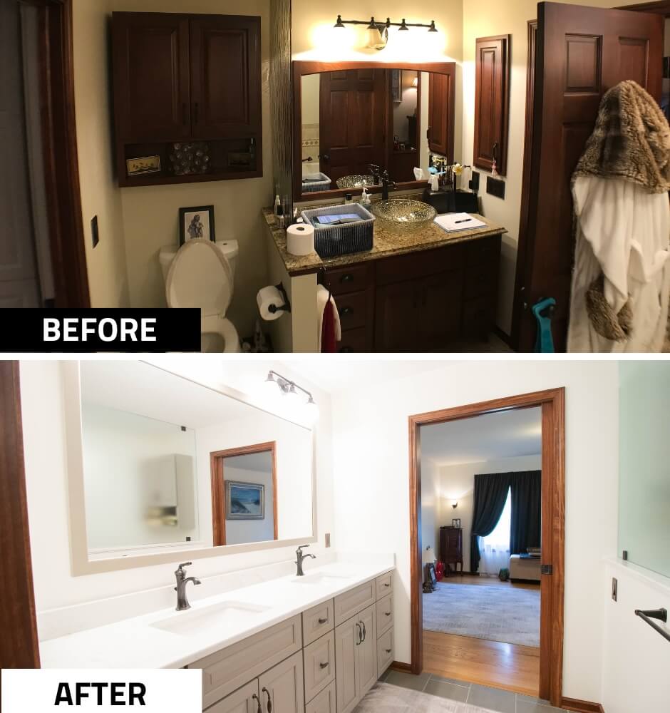 before and after bathroom remodel with double vanity and modern white cabinetry by Odd Fellows Contracting in DeWitt MI