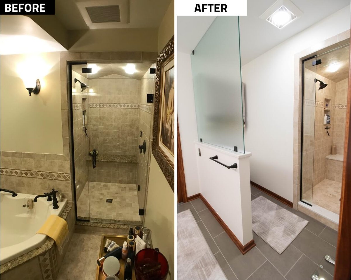 before and after bathroom remodel with glass shower and modern vanity by Odd Fellows Contracting in DeWitt MI