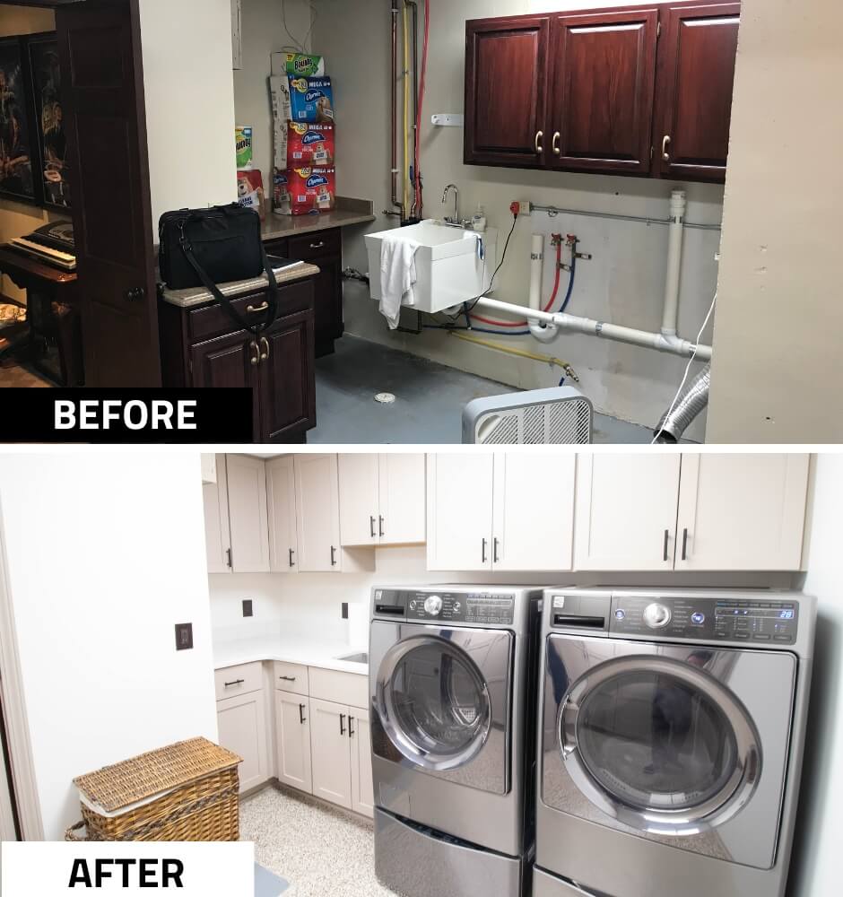 before and after laundry room remodel with custom cabinets and front load washer dryer by Odd Fellows Contracting in DeWitt MI