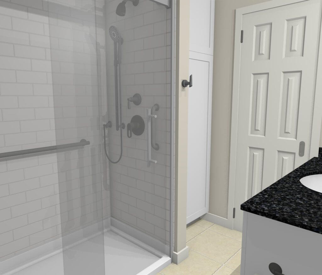 3D bathroom renovation rendering with glass shower and vanity design by Odd Fellows Contracting in Williamston MI