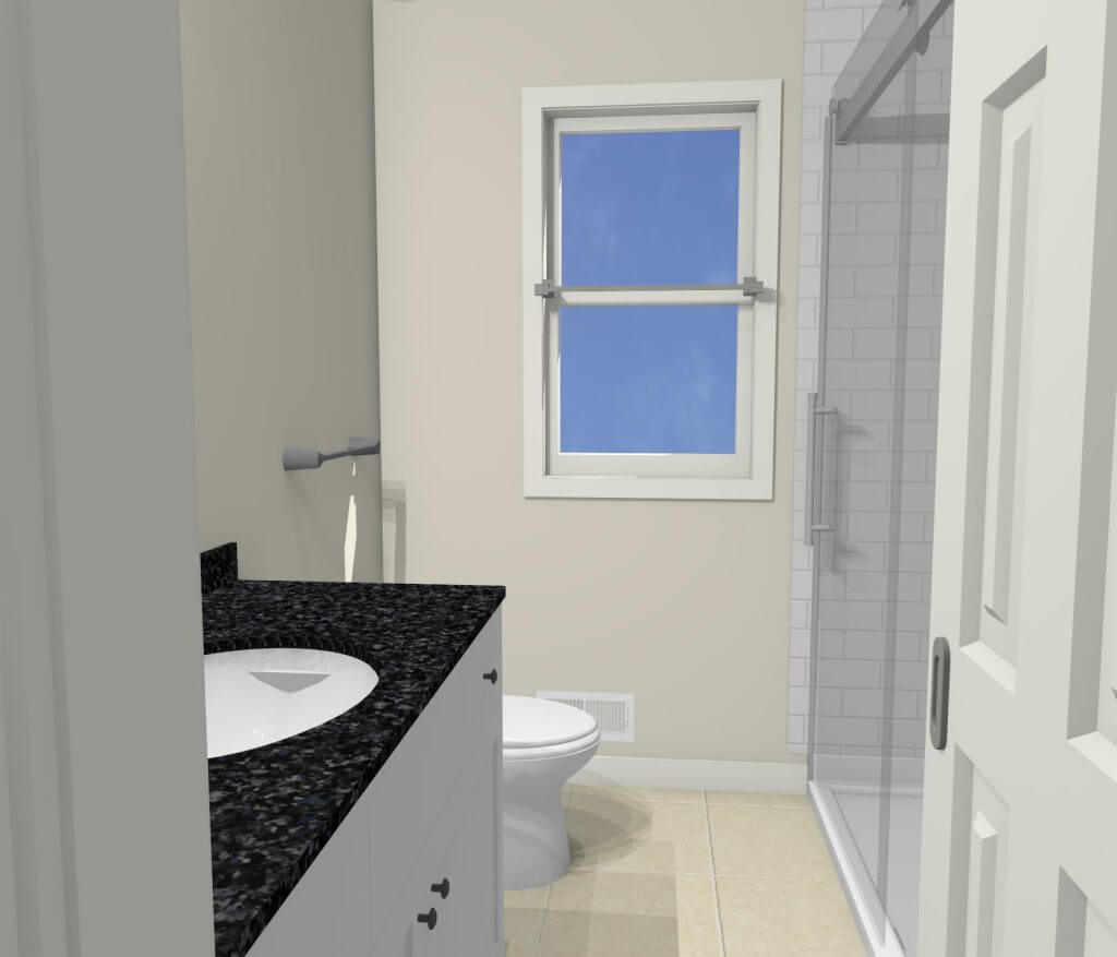 3D rendering of planned bathroom renovation with modern fixtures by Odd Fellows Contracting in Williamston MI