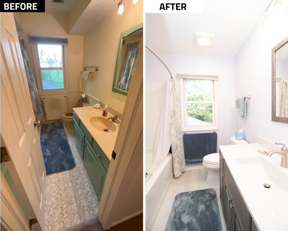 before and after bathroom remodel showing updated vanity, tub, and flooring by Odd Fellows Contracting in Williamston MI