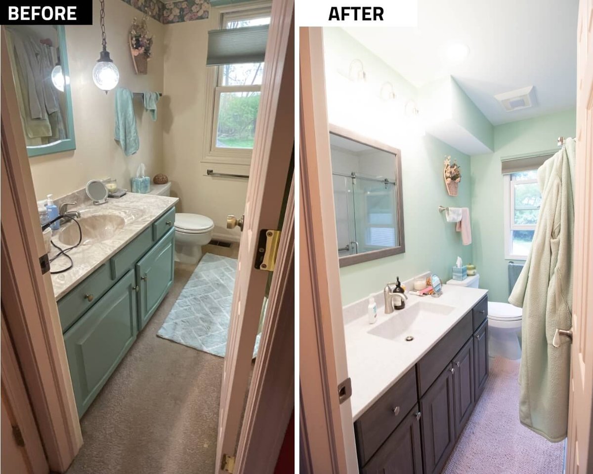 before and after bathroom remodel with upgraded vanity, mirror, and lighting by Odd Fellows Contracting in Williamston MI