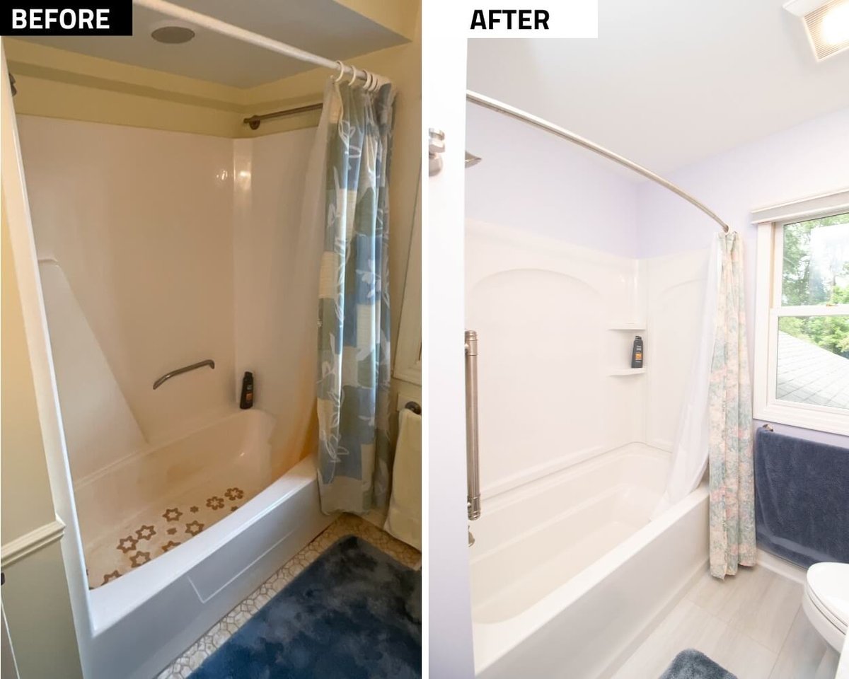 before and after bathtub remodel with updated tub surround and modern finishes by Odd Fellows Contracting in Williamston MI