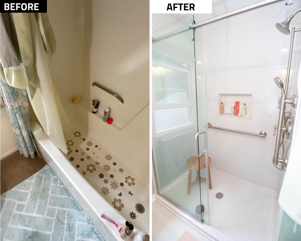 before and after shower remodel with new glass enclosure and modern shower system by Odd Fellows Contracting in Williamston MI