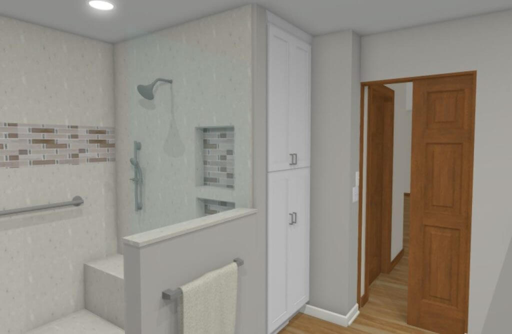 3D rendering of bathroom renovation layout with accessible shower by Odd Fellows Contracting in Mason MI