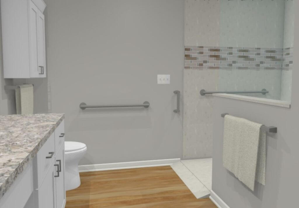 3D rendering of planned bathroom remodel with walk in shower by Odd Fellows Contracting in Mason MI