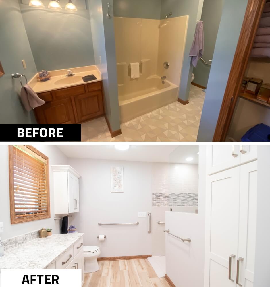 before and after bathroom remodel transformation by Odd Fellows Contracting in Mason MI