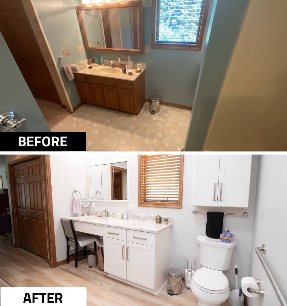 before and after bathroom vanity remodel comparison by Odd Fellows Contracting in Mason MI