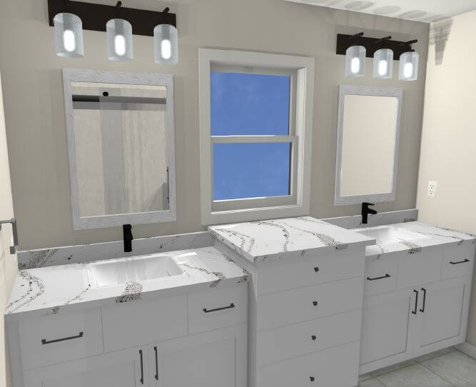 3D rendering of planned bathroom remodel with double vanity by Odd Fellows Contracting in Holt MI