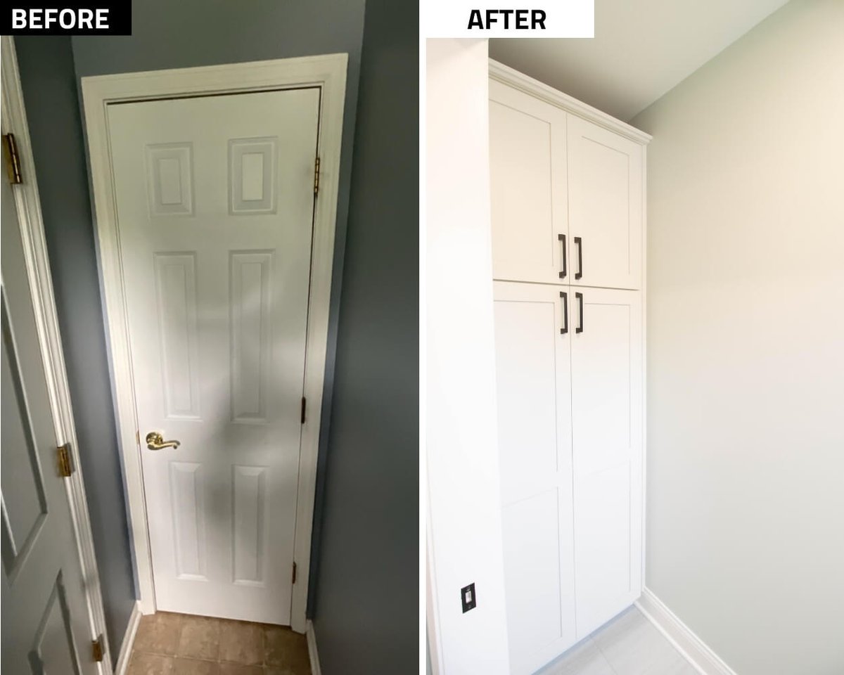 before and after bathroom closet converted to custom storage cabinet by Odd Fellows Contracting in Holt MI