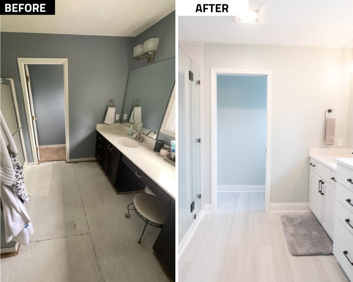 before and after bathroom remodel transformation with modern vanity and flooring by Odd Fellows Contracting in Holt MI