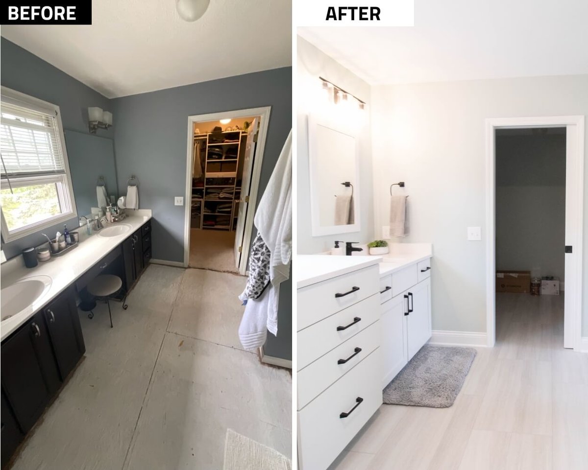 before and after bathroom vanity remodel with updated cabinetry and fixtures by Odd Fellows Contracting in Holt MI