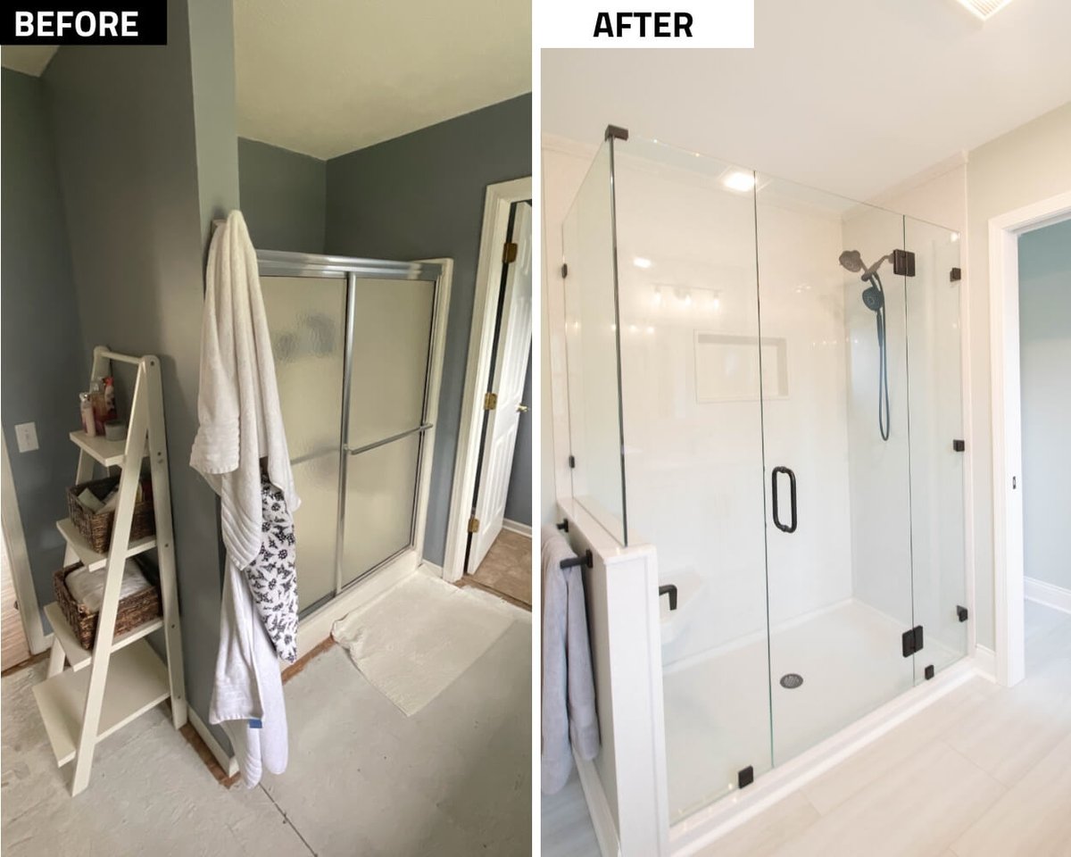 before and after shower remodel with frameless glass enclosure by Odd Fellows Contracting in Holt MI