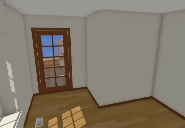3D rendering of bathroom remodel by Odd Fellows Contracting in Holt, MI showing updated layout with hardwood flooring and glass-paneled door.