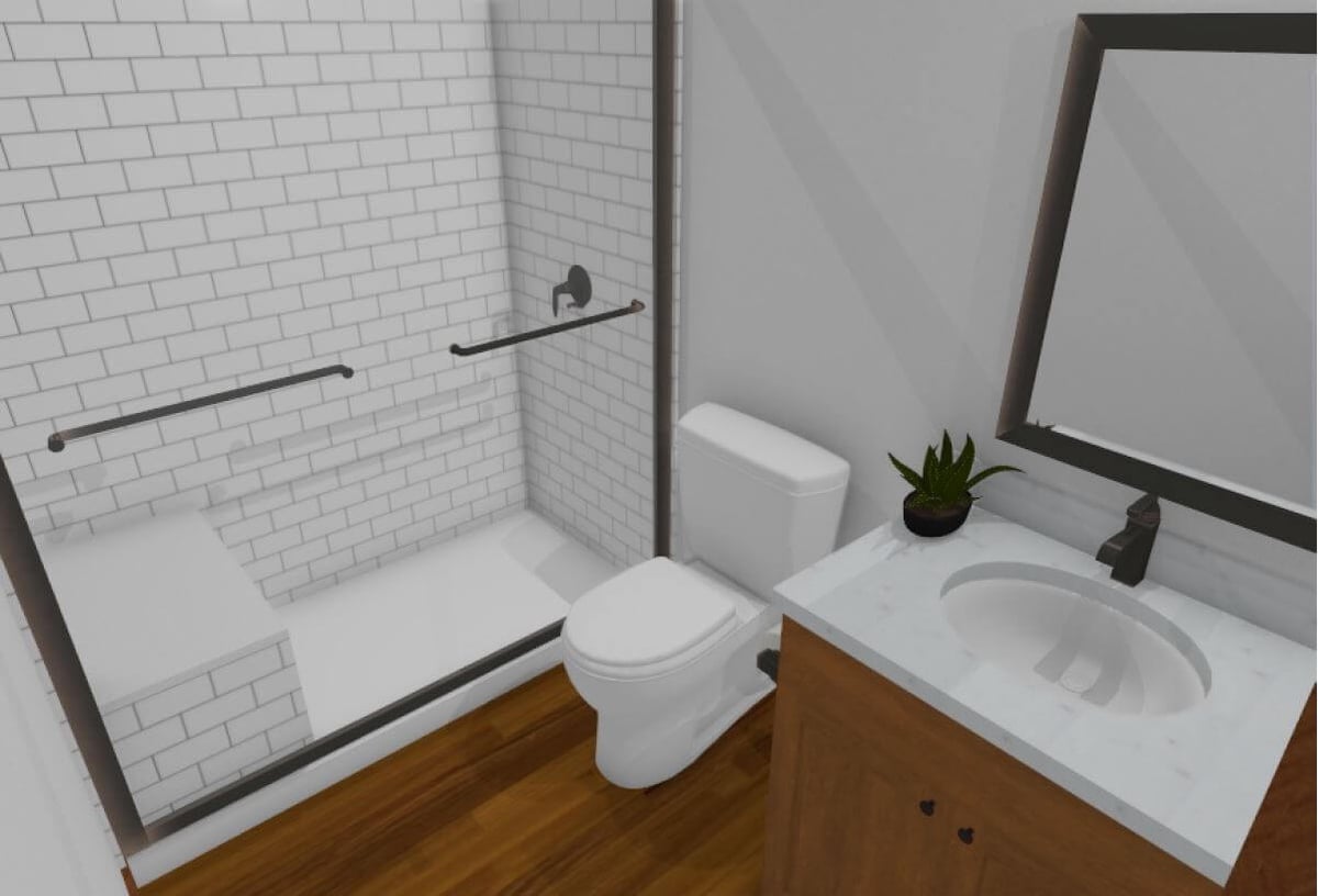 Bathroom remodel rendering by Odd Fellows Contracting for project in Holt, MI showing modern vanity and tiled shower.
