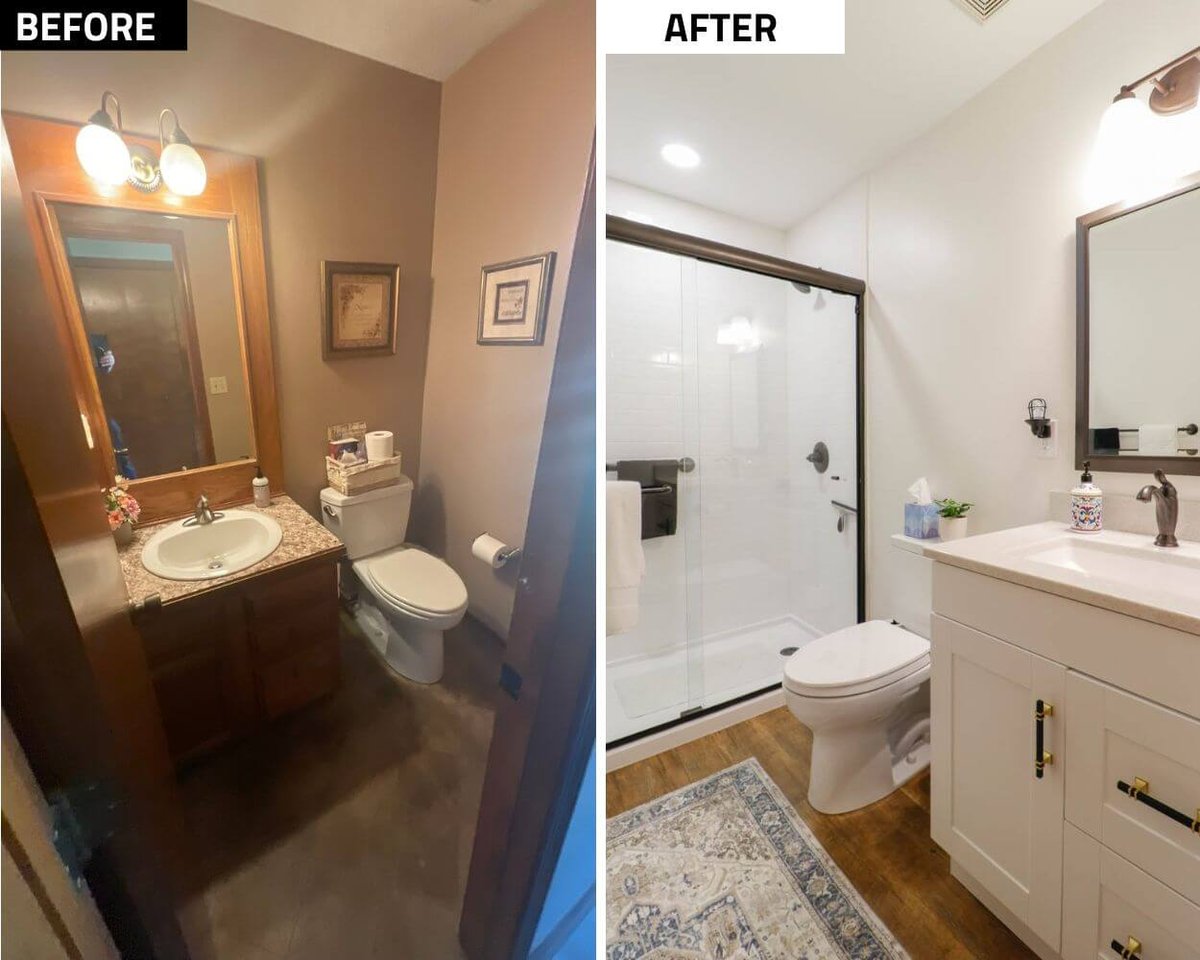 Before and after bathroom remodel by Odd Fellows Contracting in Holt, MI featuring updated vanity, toilet, and walk-in shower.