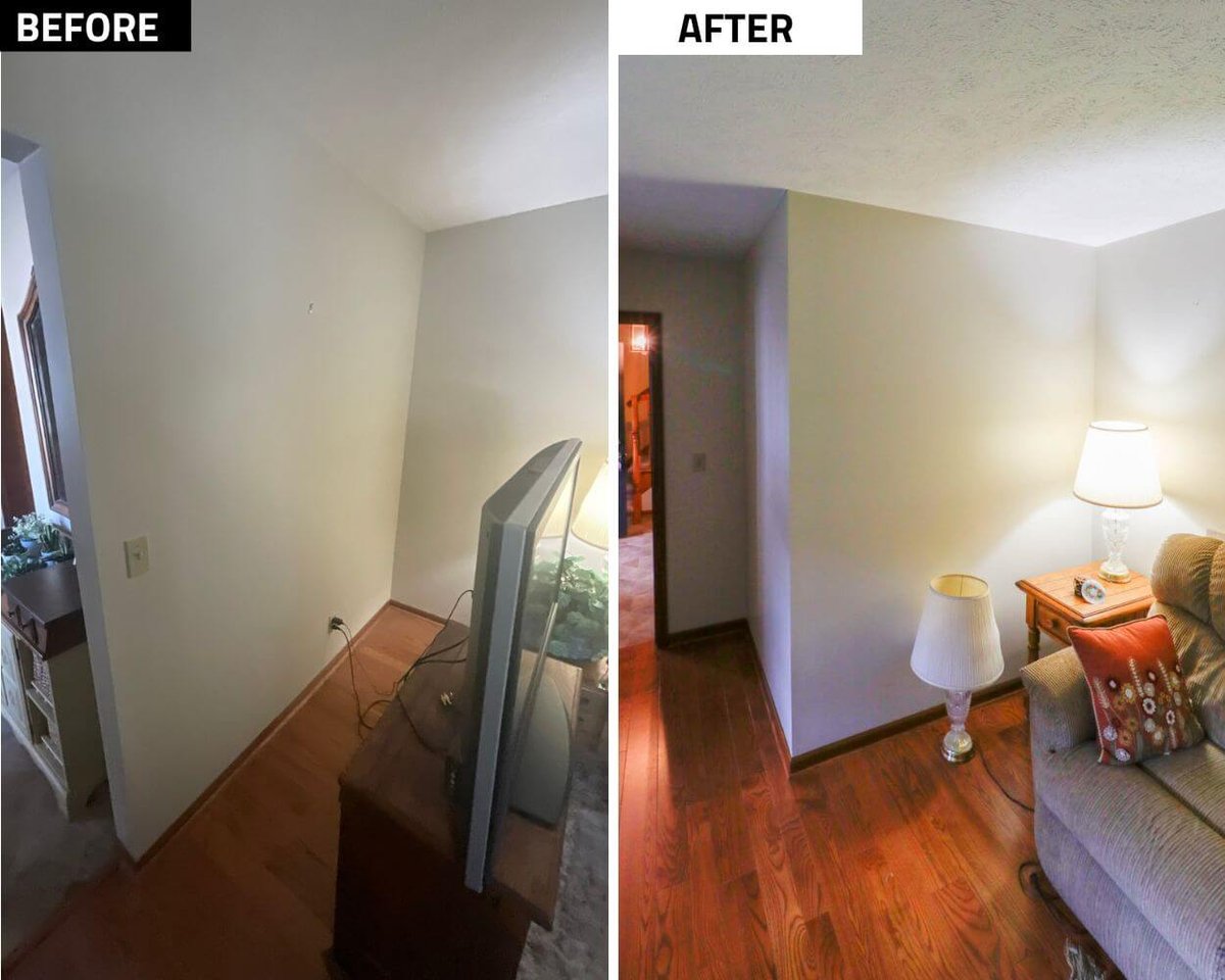 Before and after interior renovation during bathroom remodel by Odd Fellows Contracting in Holt, MI.