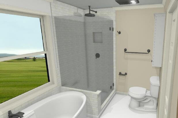 3D bathroom design rendering featuring shower and freestanding tub layout by Odd Fellows Contracting in Williamston, MI