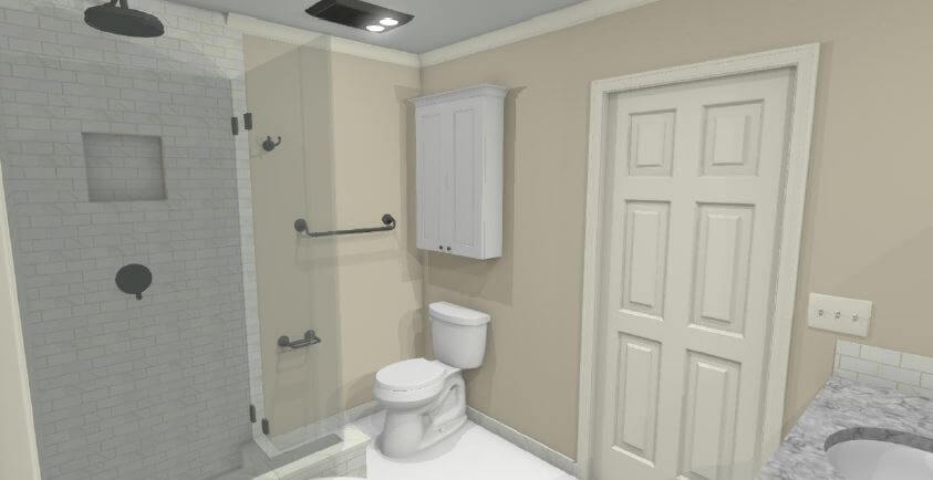 3D rendering of planned master bathroom remodel design by Odd Fellows Contracting in Williamston, MI