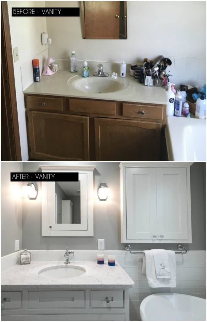 Custom white bathroom vanity with quartz countertop in master bathroom remodel by Odd Fellows Contracting in Williamston, MI