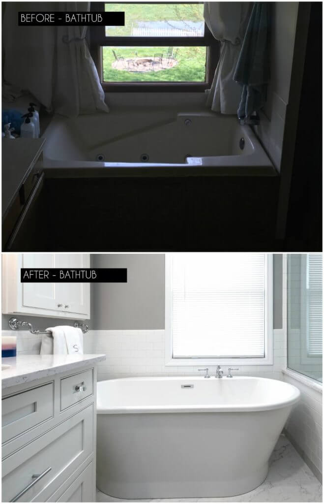 Freestanding soaking tub and white tile bathroom design in a master bathroom remodel by Odd Fellows Contracting in Williamston, MI