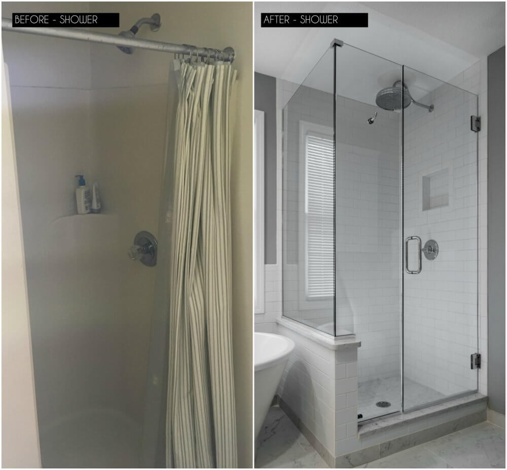 Glass walk-in shower with white subway tile in a master bathroom remodel by Odd Fellows Contracting in Williamston, MI