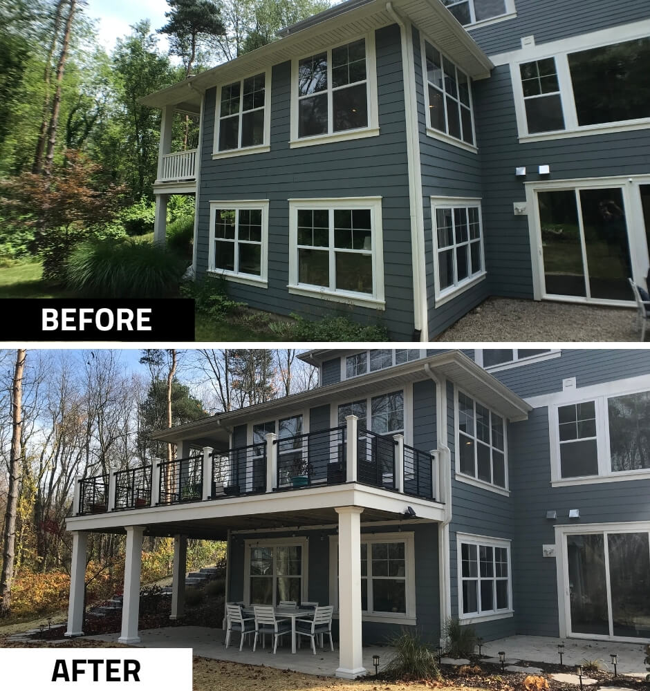 before and after deck expansion with new elevated deck and railing by Odd Fellows Contracting in Lansing, MI