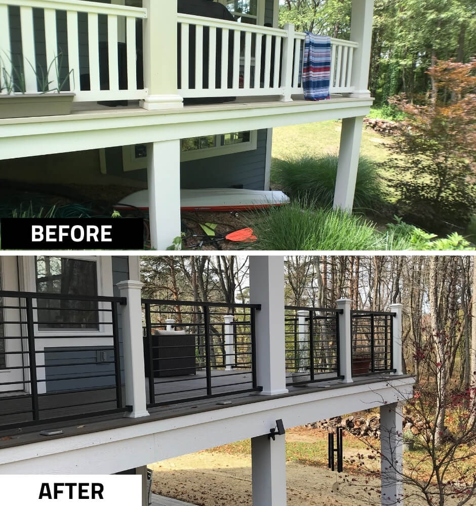 before and after deck railing upgrade during deck expansion by Odd Fellows Contracting in Lansing, MI