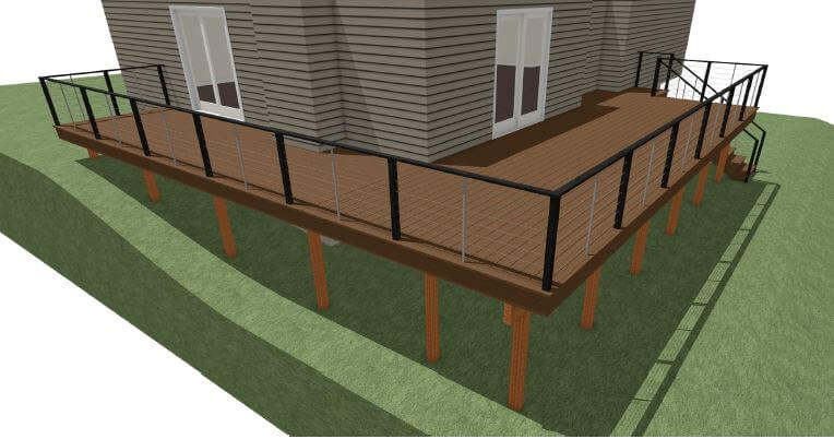 3D rendering showing composite deck layout and stair design in Haslett, MI
