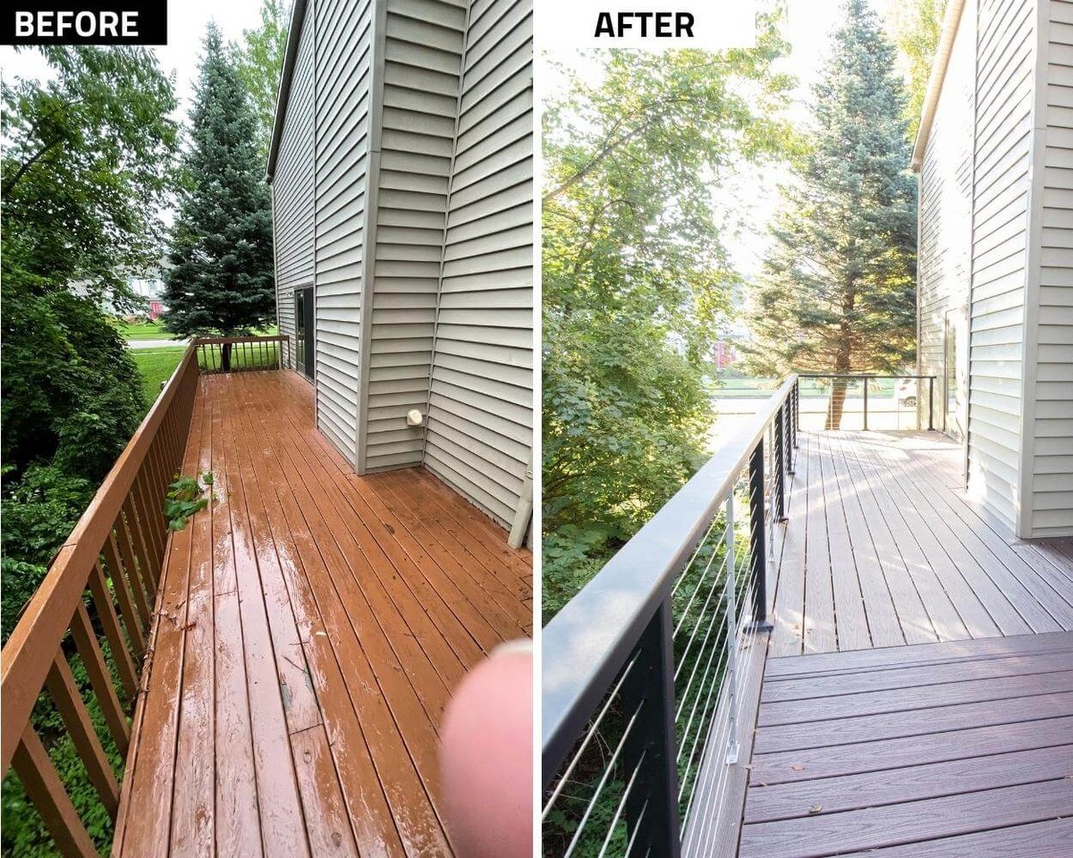 before and after wood deck replaced with composite deck by Odd Fellows Contracting in Haslett, MI