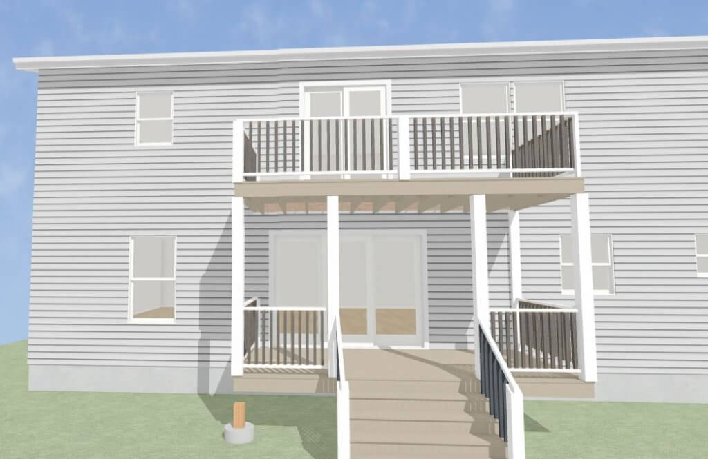 3D rendering of double level deck design by Odd Fellows Contracting in Lansing, MI