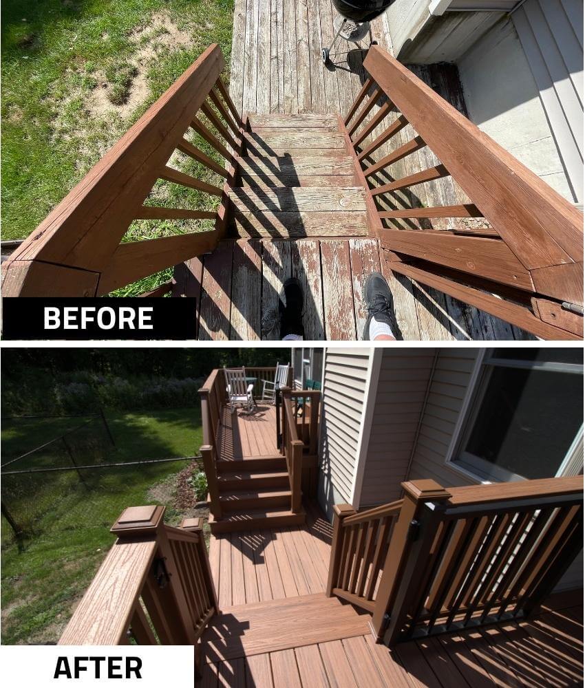 Before and after composite deck remodel by Odd Fellows Contracting showing upgraded stairs and composite decking in Haslett, MI