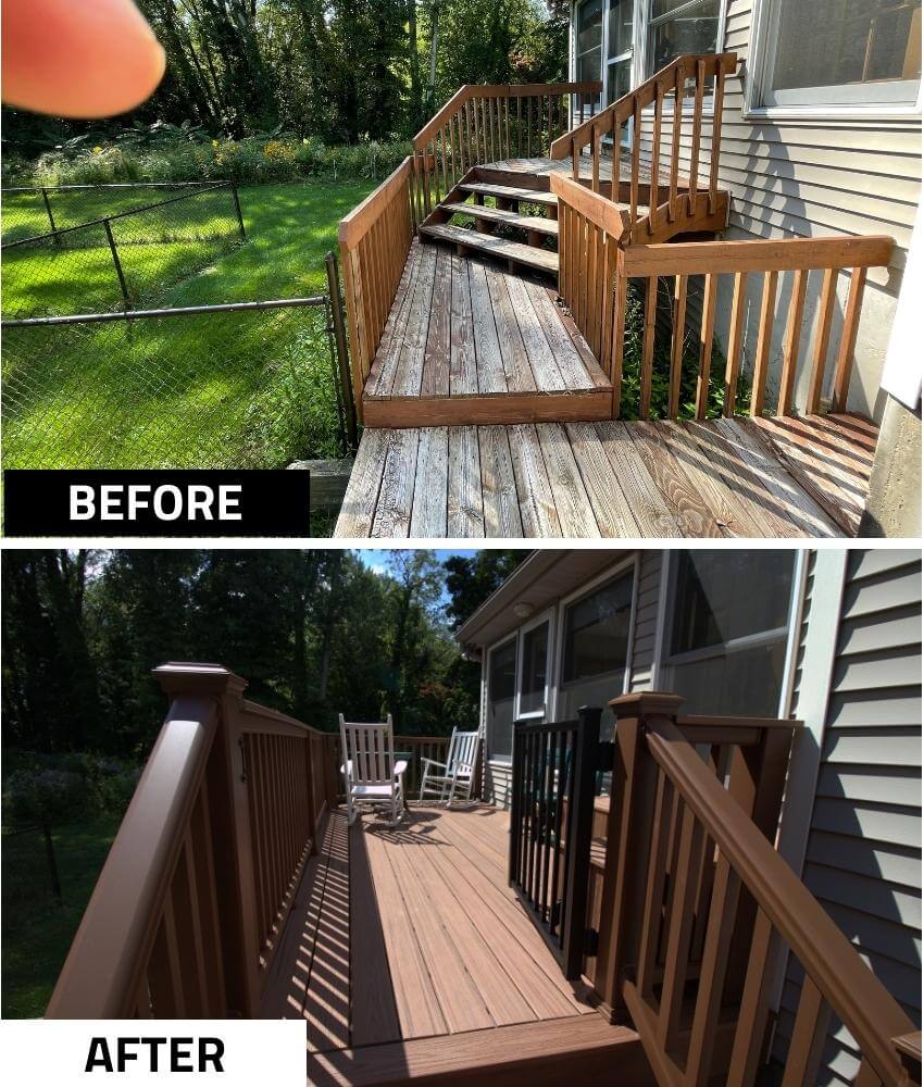 Before and after deck remodel featuring new composite decking and railing system by Odd Fellows Contracting in Haslett, MI