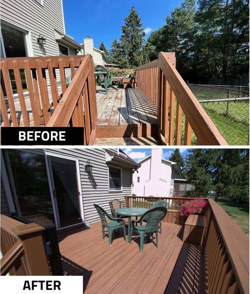 Before and after deck remodel showing upgraded composite decking and outdoor seating area by Odd Fellows Contracting in Haslett, MI