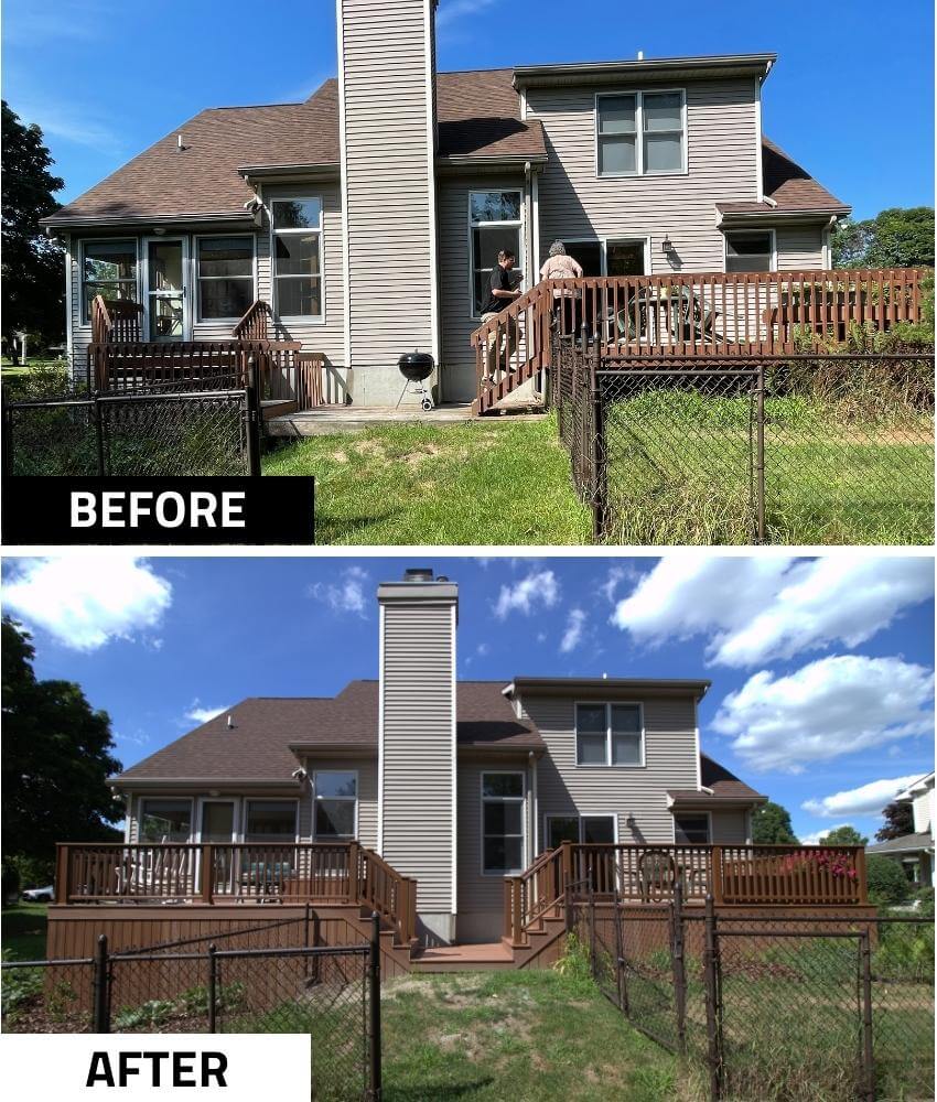 Before and after exterior view of backyard deck remodel by Odd Fellows Contracting with expanded composite deck in Haslett, MI
