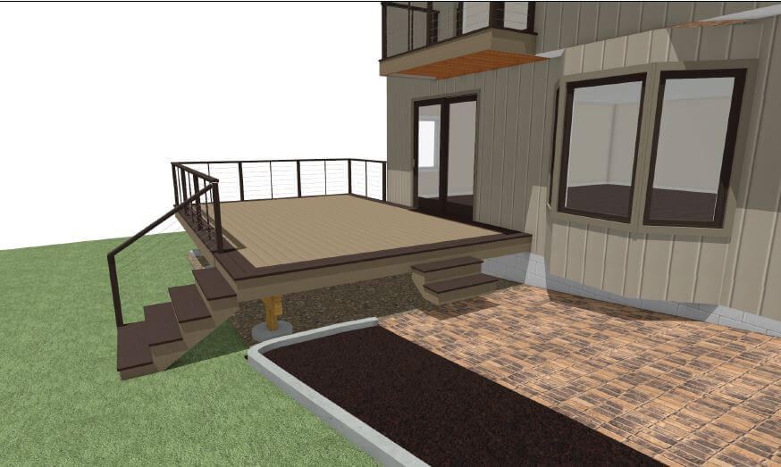 3D deck remodel rendering with composite decking and stair design by Odd Fellows Contracting in Mason, MI