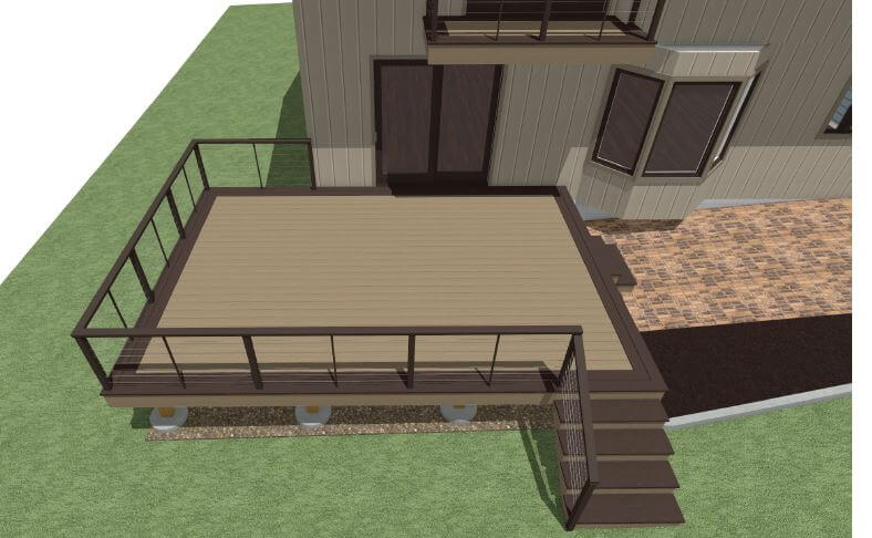 3D rendering of planned composite deck and railing design by Odd Fellows Contracting in Mason, MI