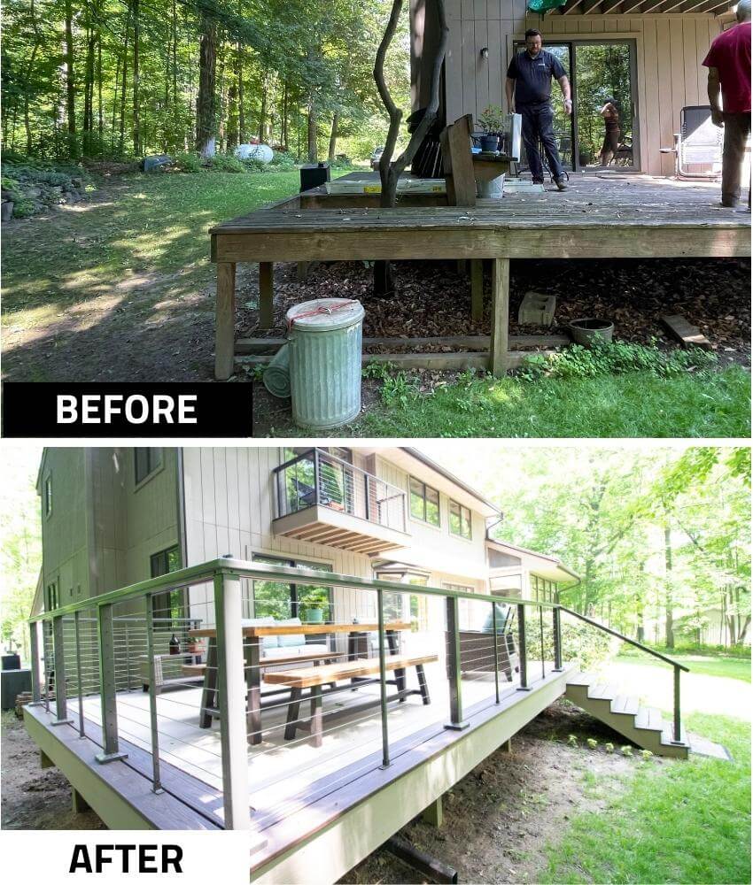 Before and after deck remodel with new composite deck stairs and cable railing by Odd Fellows Contracting in Mason, MI